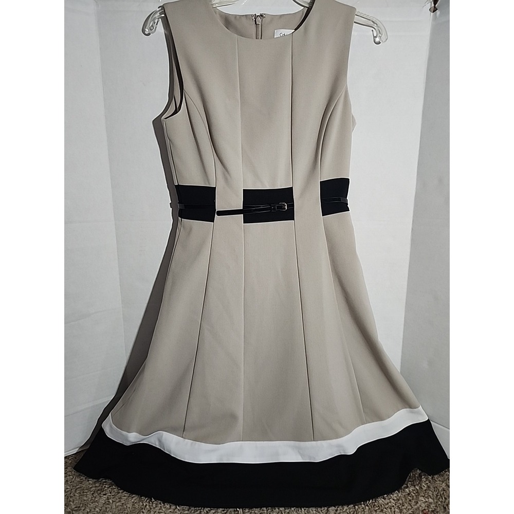 Calvin Klein Size 2 Color Block Belt Fit and Flare Dress Tan Sleeveless Womens